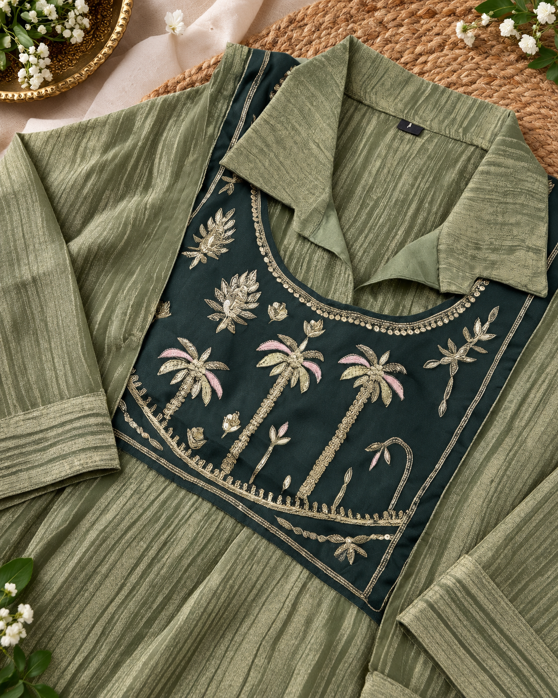 Olive Glow Salsa Crushed 3-Piece Kurti Set with Embroidered Yoke