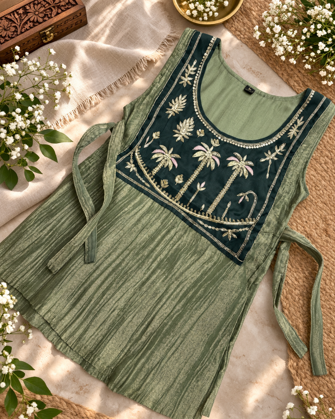 Olive Glow Salsa Crushed 3-Piece Kurti Set with Embroidered Yoke