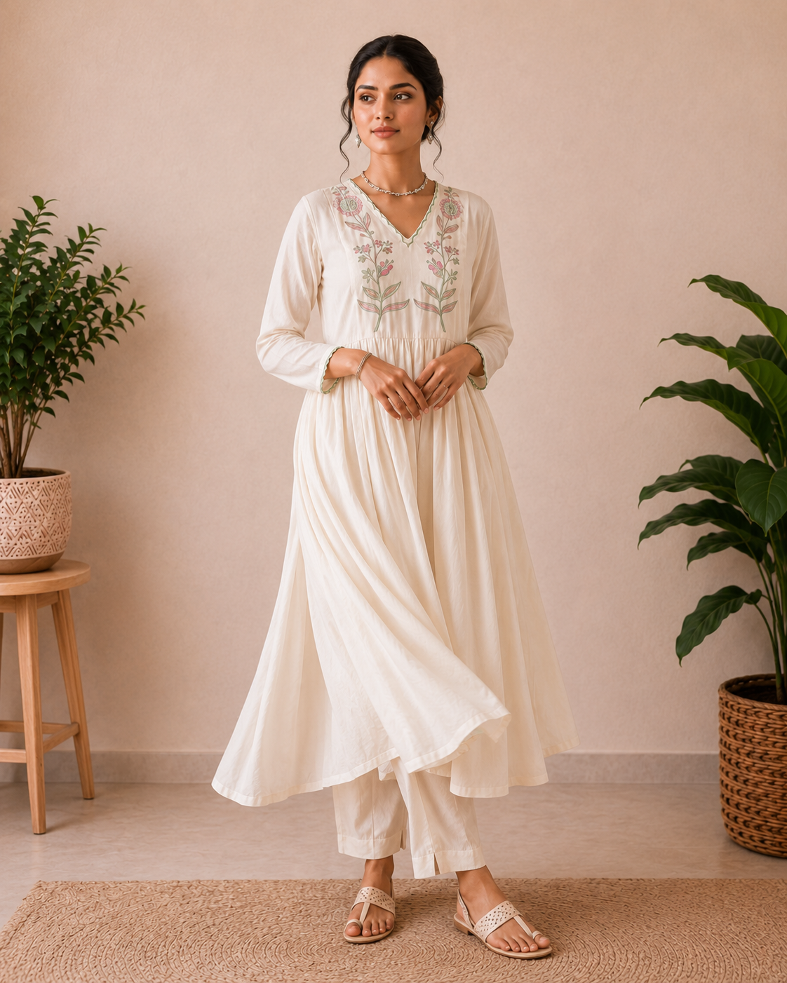 Ivory Bloom Mul Chanderi 3-Piece Kurti Set