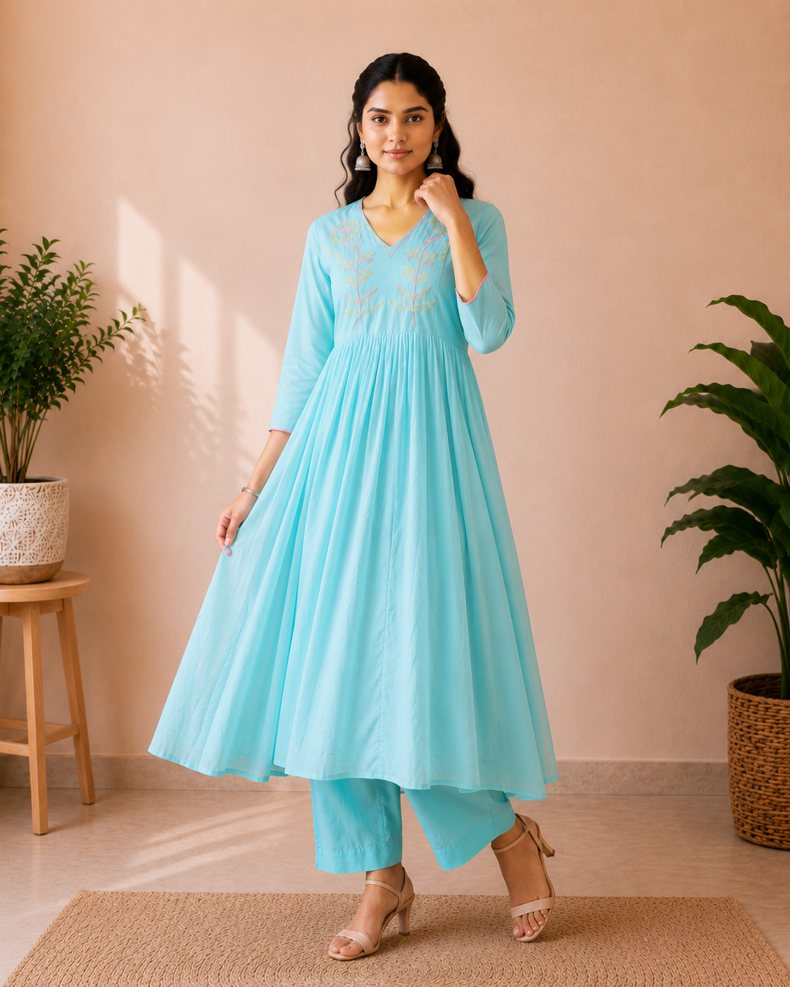 Turquoise Bloom Mul Chanderi 3-Piece Kurti Set