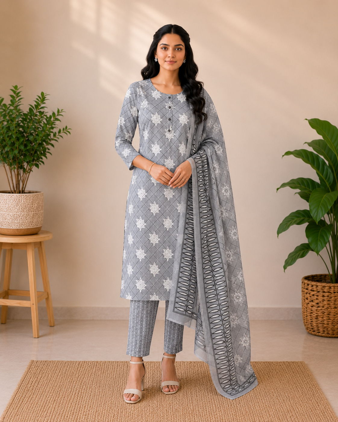 Mist Grey Cotton Printed 3-Piece Kurti Set