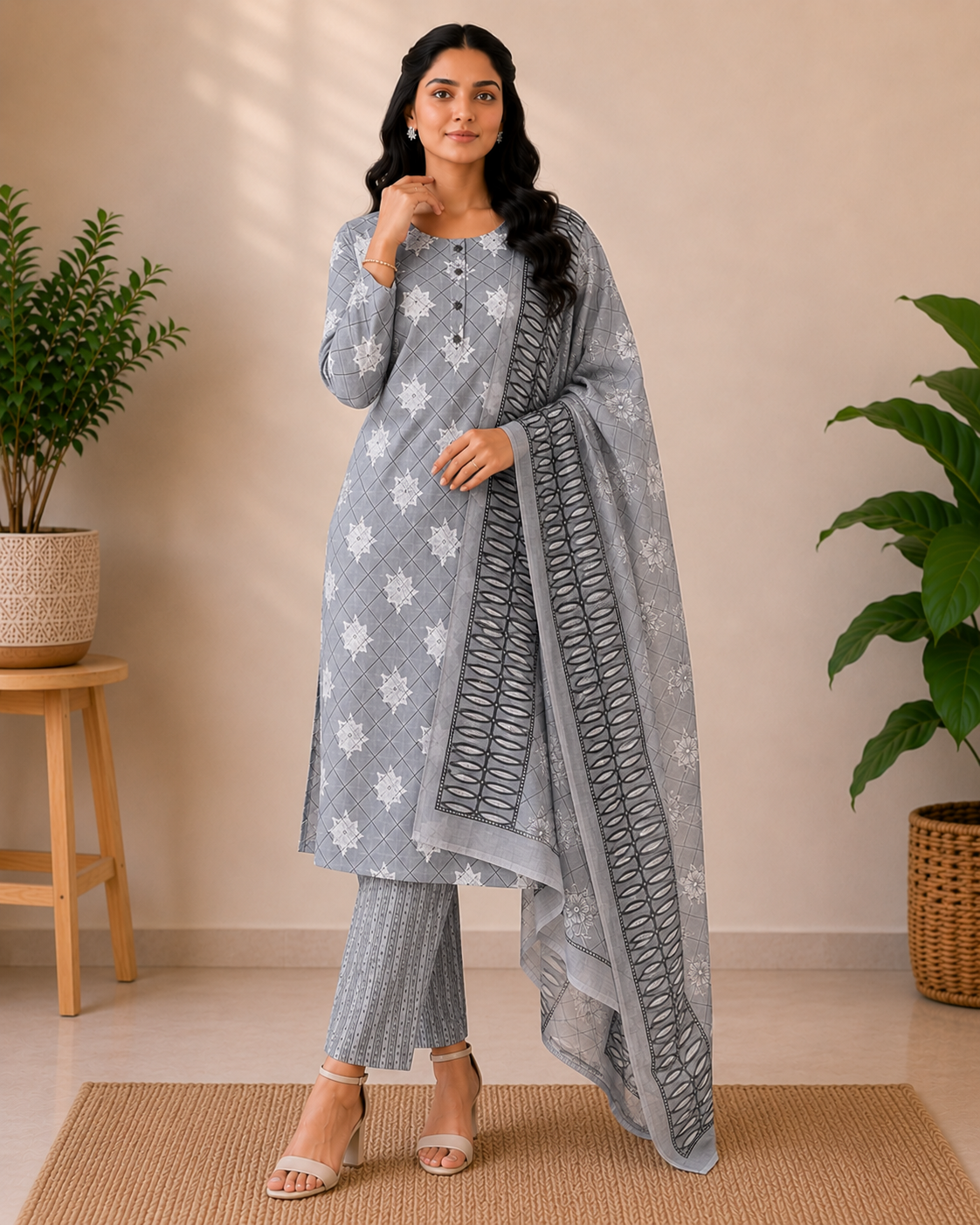 Mist Grey Cotton Printed 3-Piece Kurti Set