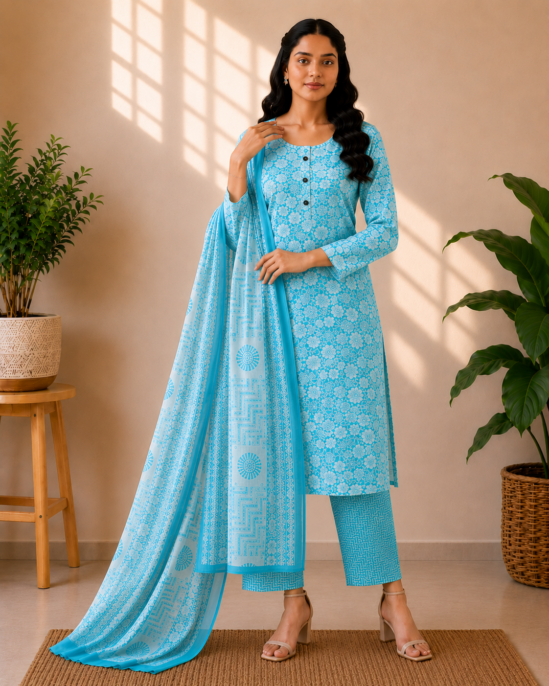 Aqua Bloom Floral Cotton 3-Piece Kurti Set