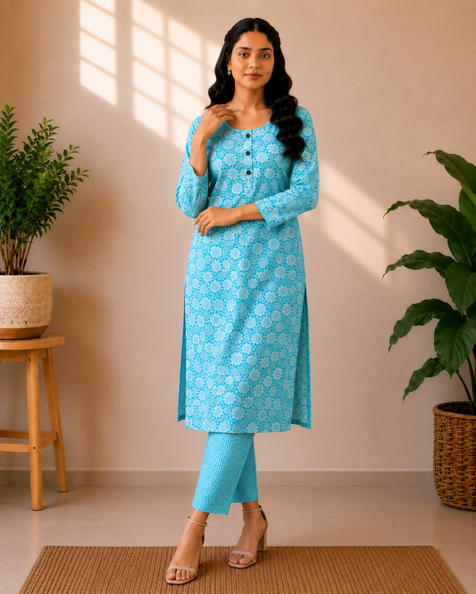Aqua Bloom Floral Cotton 3-Piece Kurti Set