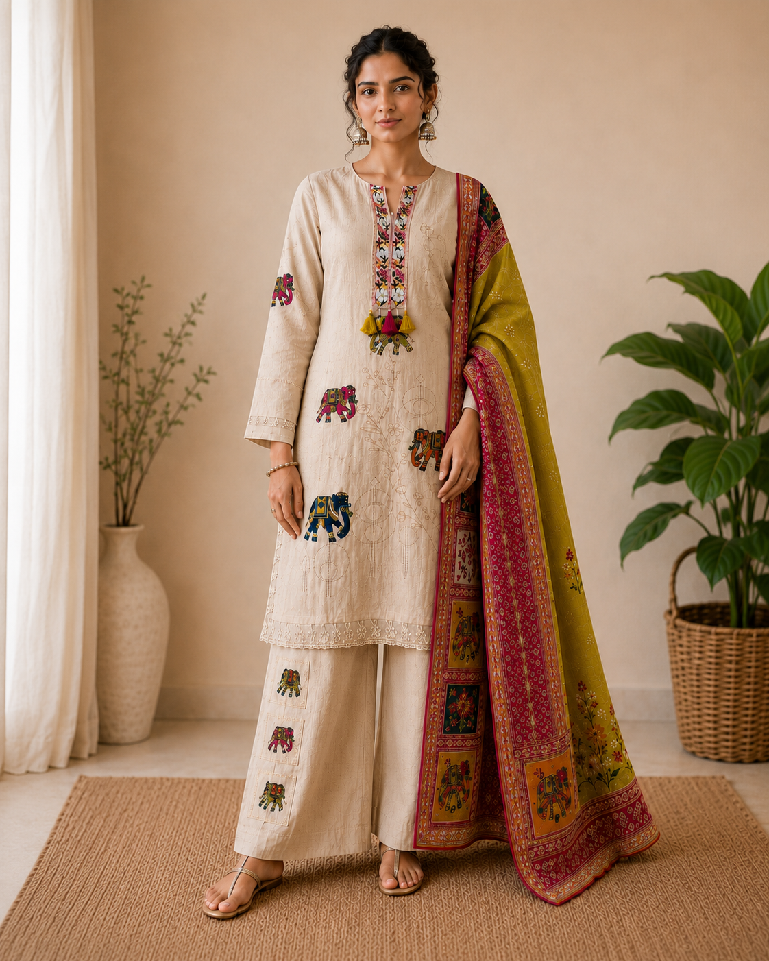 Designer Pure Khadi Linen Kurti Palazzo Set with Printed Dupatta
