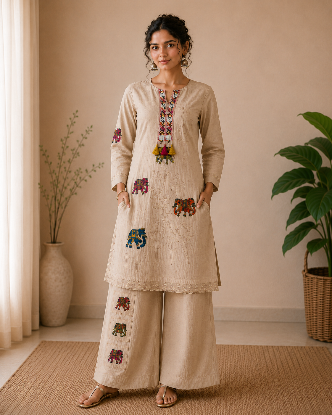 Designer Pure Khadi Linen Kurti Palazzo Set with Printed Dupatta