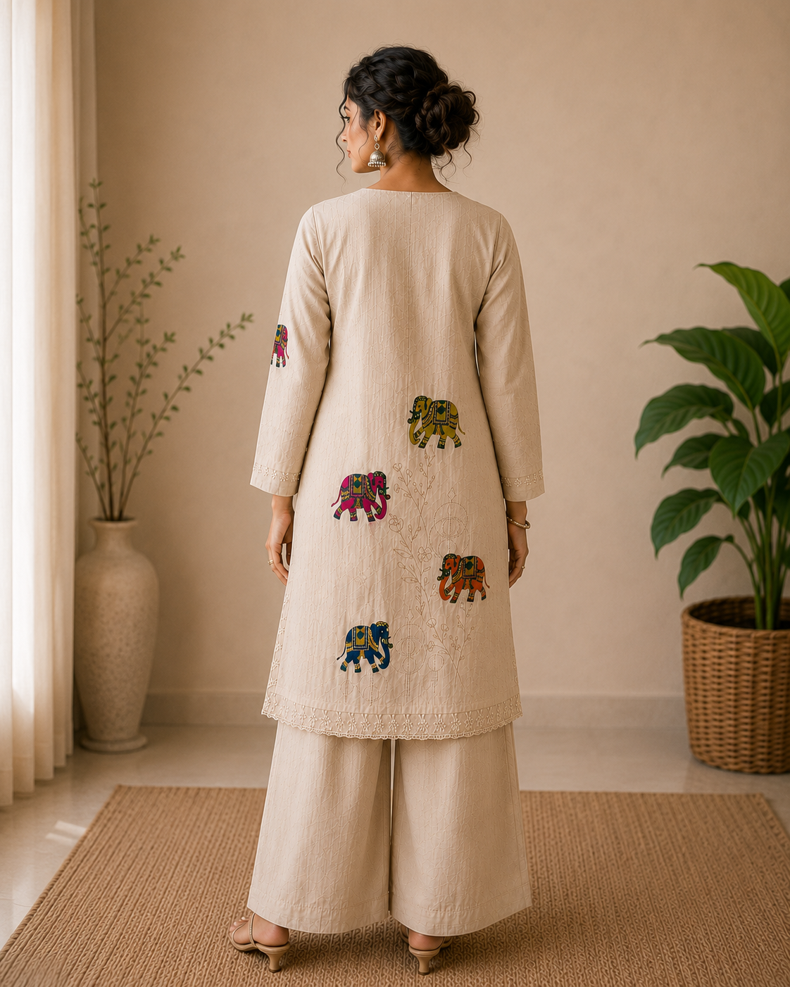 Designer Pure Khadi Linen Kurti Palazzo Set with Printed Dupatta