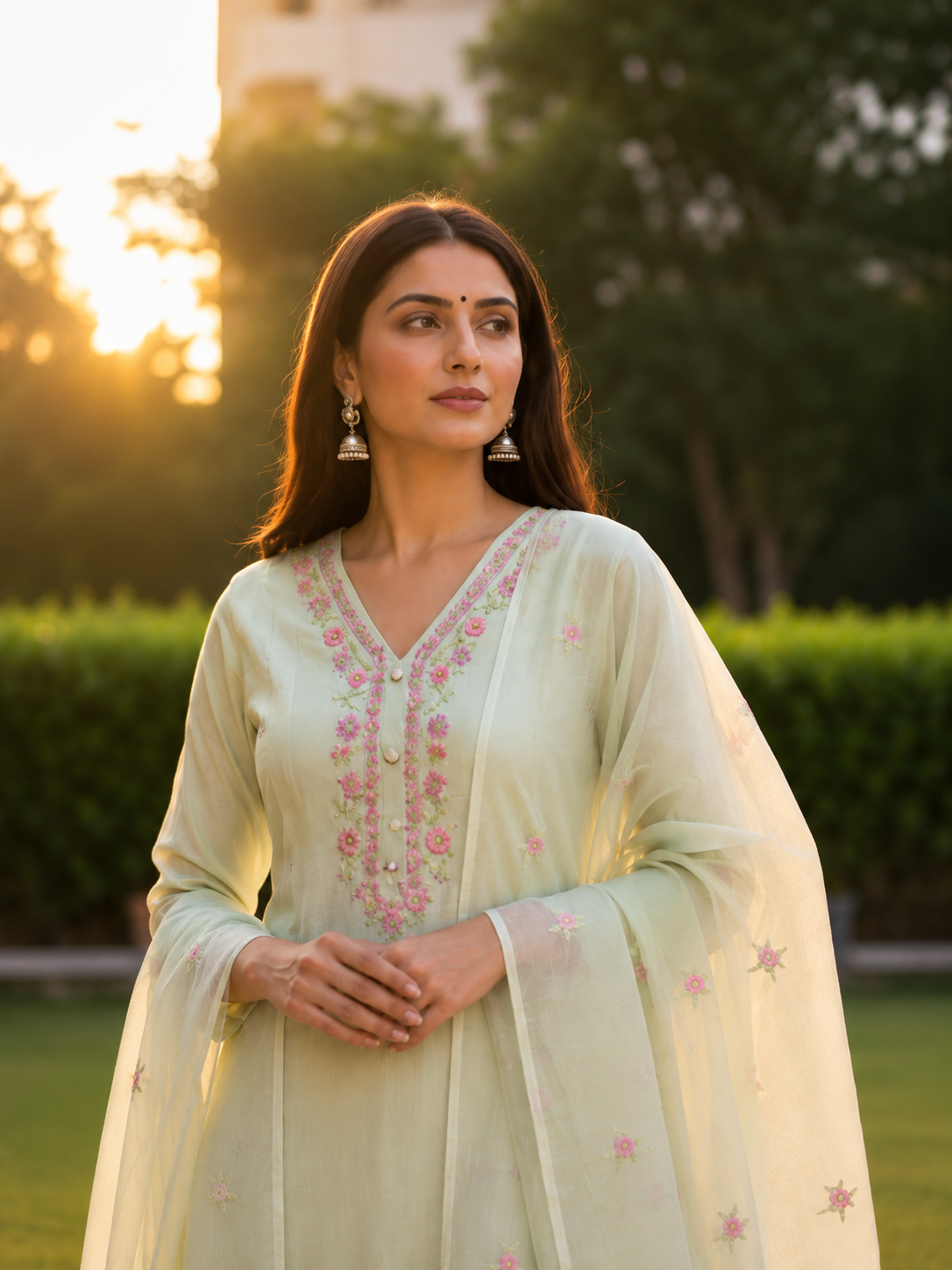 Designer Silk Mul Cotton 3-Piece Suit Set with Handcrafted Floral Yoke & Pant Pocket