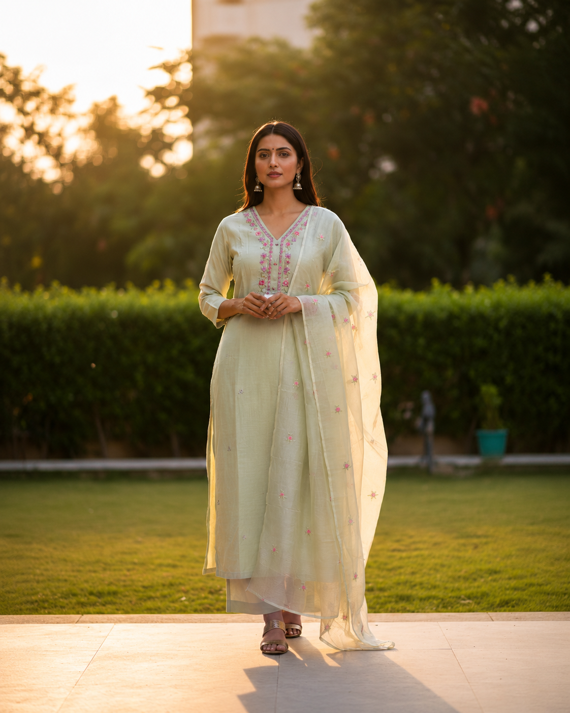 Designer Silk Mul Cotton 3-Piece Suit Set with Handcrafted Floral Yoke & Pant Pocket