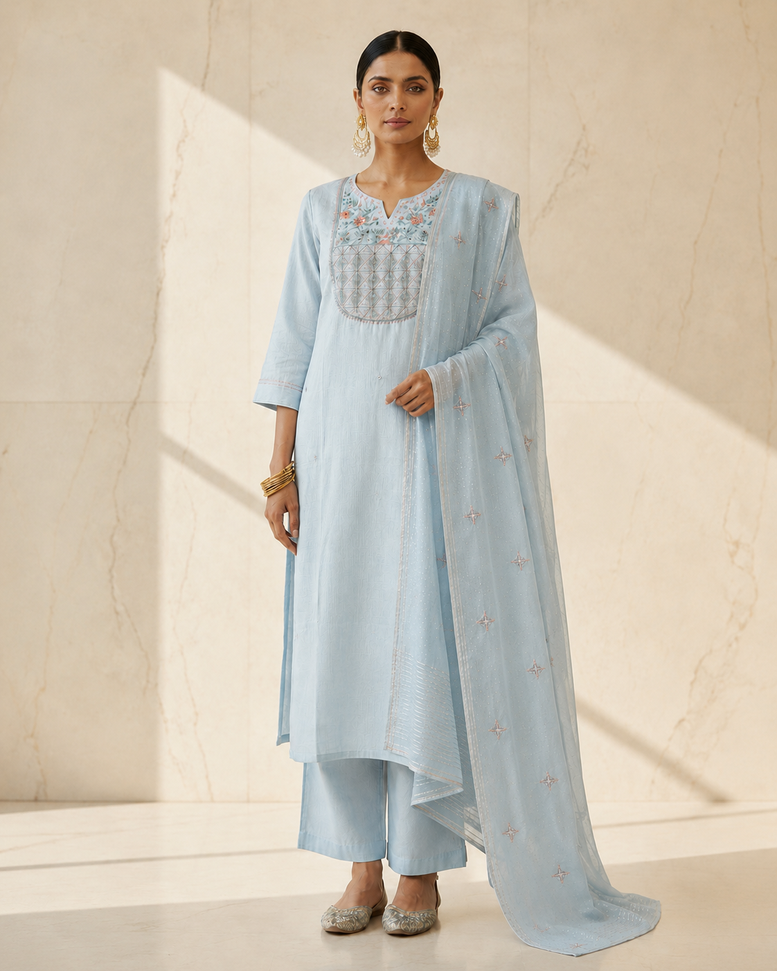 Designer Ice Blue Mul Silk Cotton 3-Piece Kurti Set with Hand Embroidery