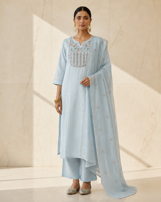 Designer Ice Blue Mul Silk Cotton 3-Piece Kurti Set with Hand Embroidery