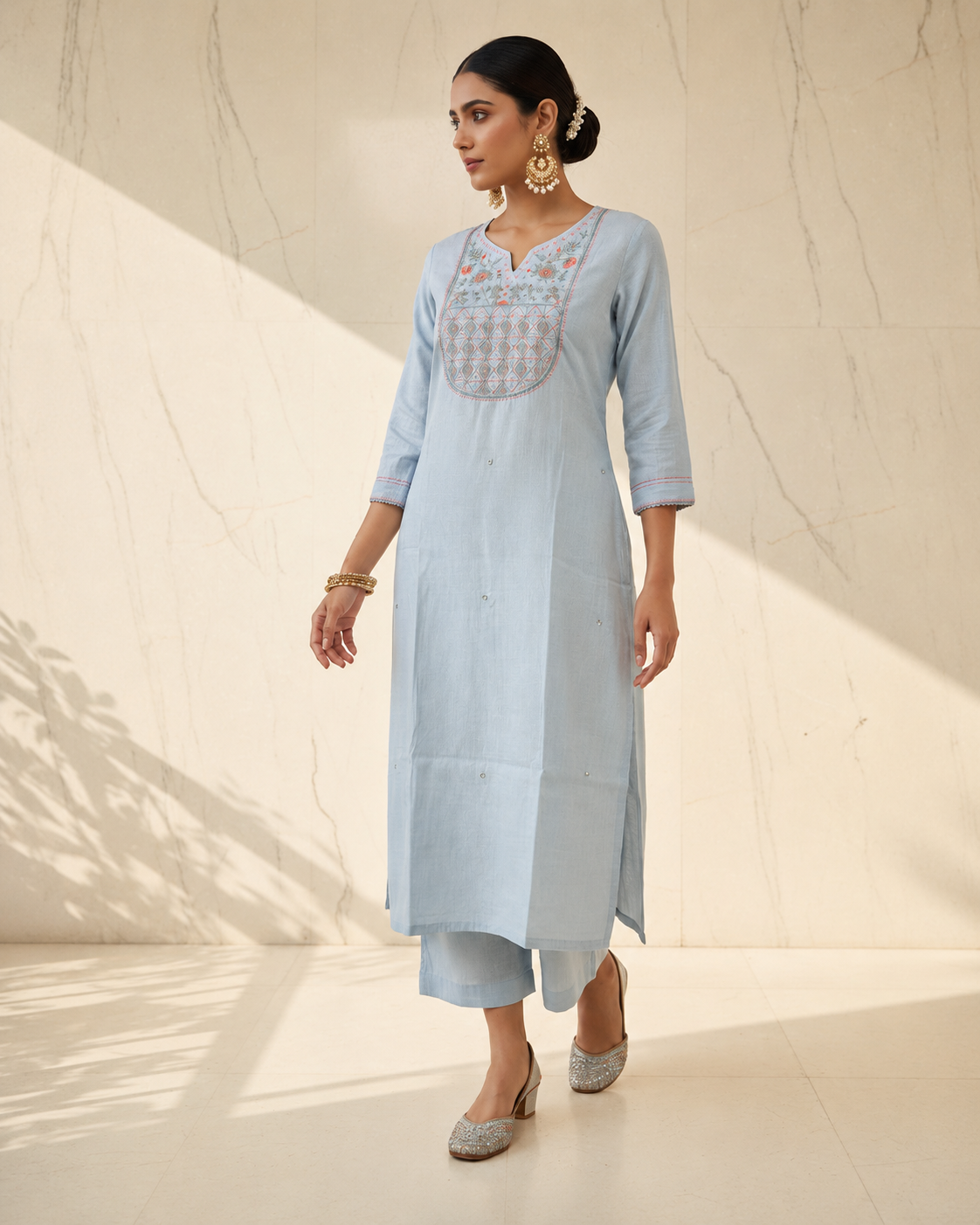 Designer Ice Blue Mul Silk Cotton 3-Piece Kurti Set with Hand Embroidery