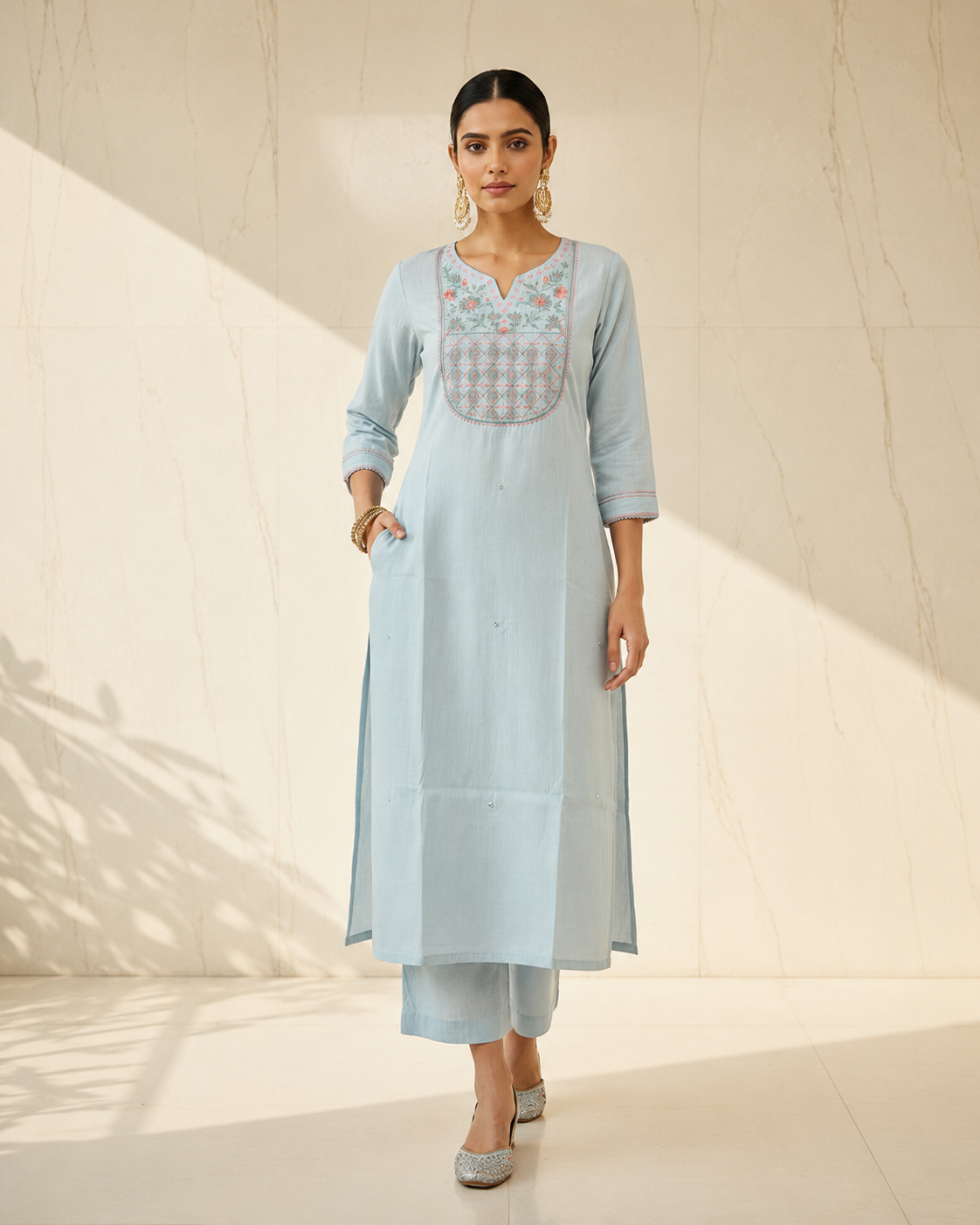 Designer Ice Blue Mul Silk Cotton 3-Piece Kurti Set with Hand Embroidery