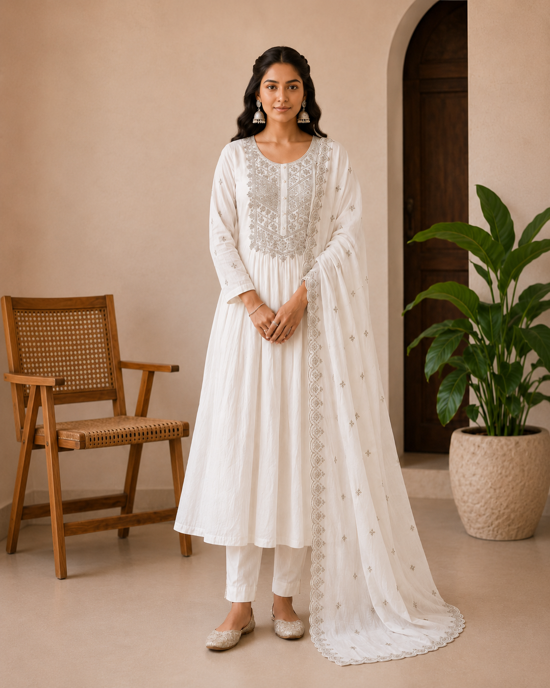 Premium Mul Chanderi White Kurti Set with Lining