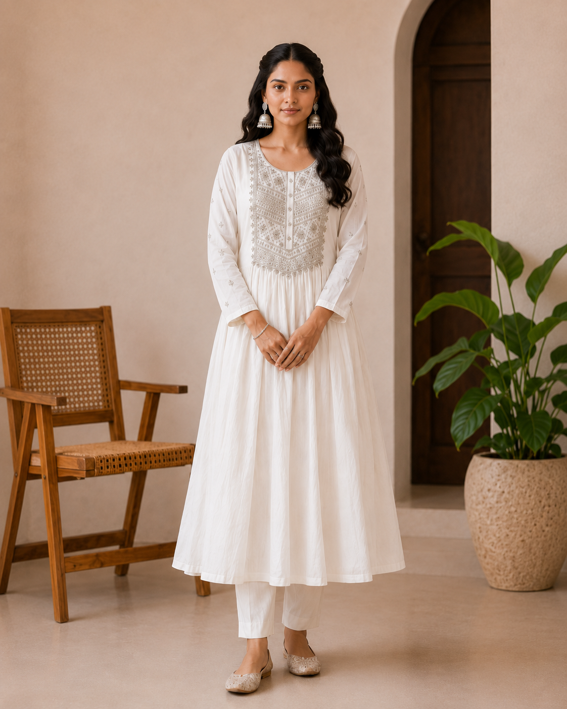Premium Mul Chanderi White Kurti Set with Lining
