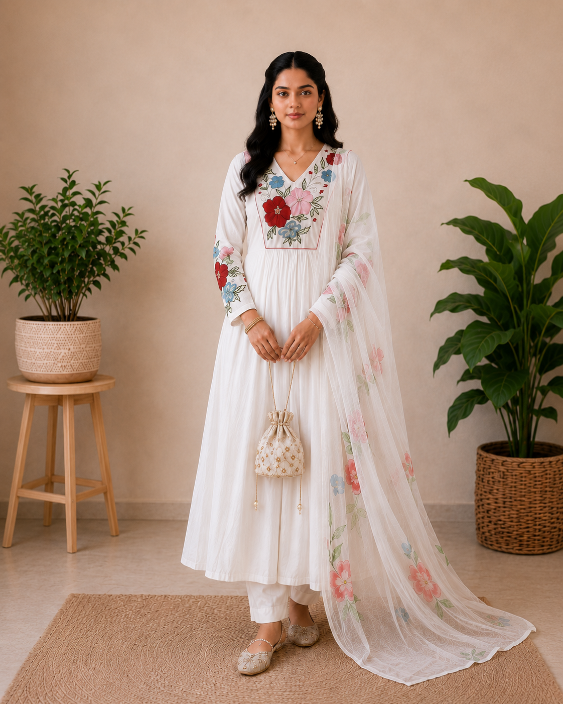 Ivory Blossom Premium Mul Chanderi Embroidered Kurti Set