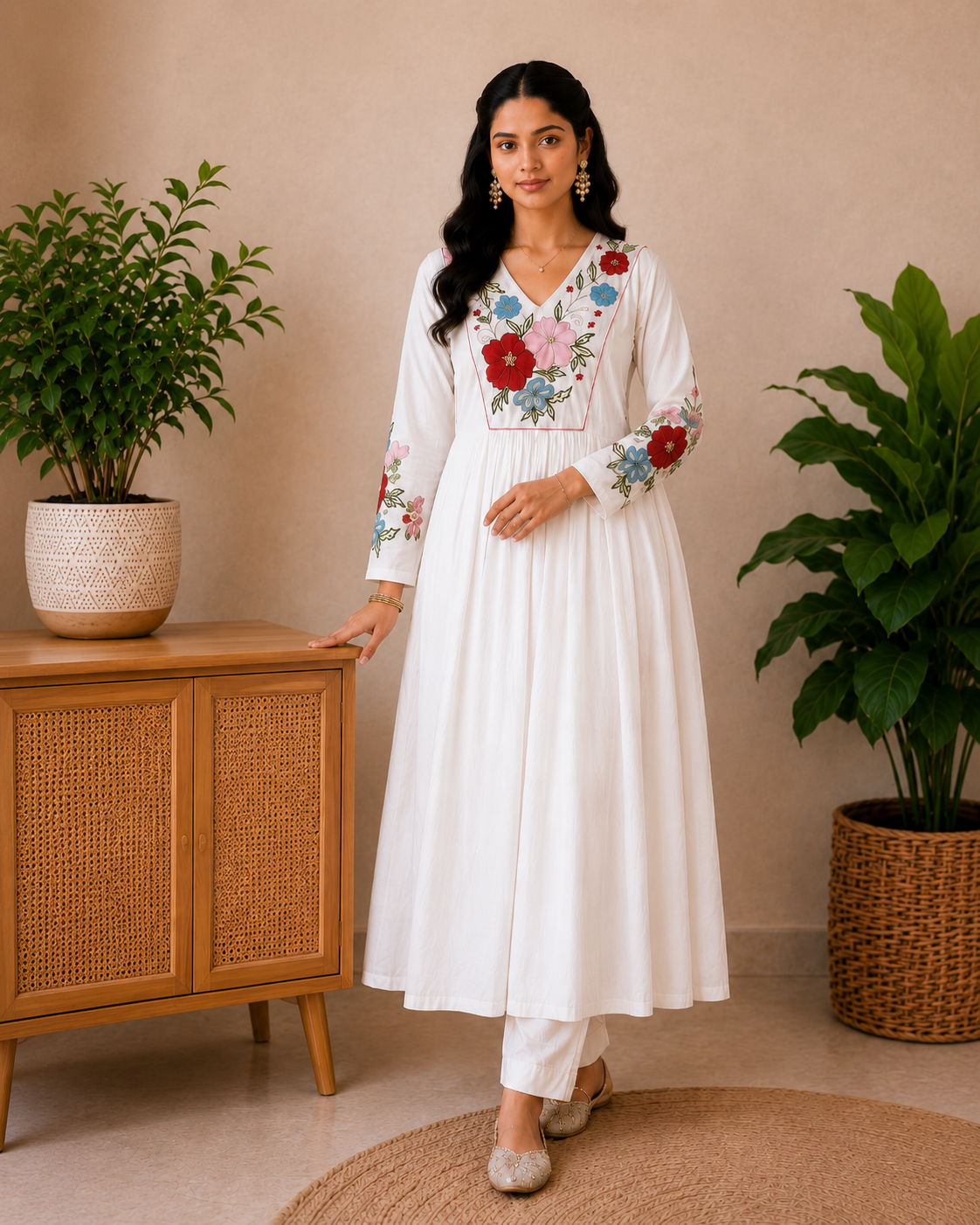 Ivory Blossom Premium Mul Chanderi Embroidered Kurti Set