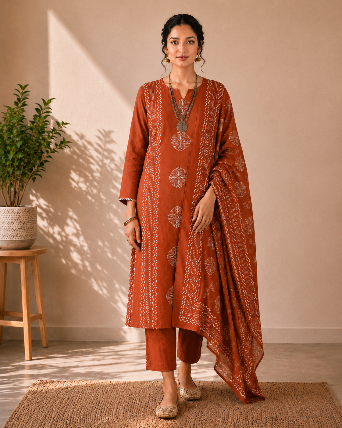 Rust Terracotta Harmony Handblock Cotton 3-Piece Kurti Set