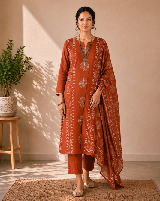 Rust Terracotta Harmony Handblock Cotton 3-Piece Kurti Set