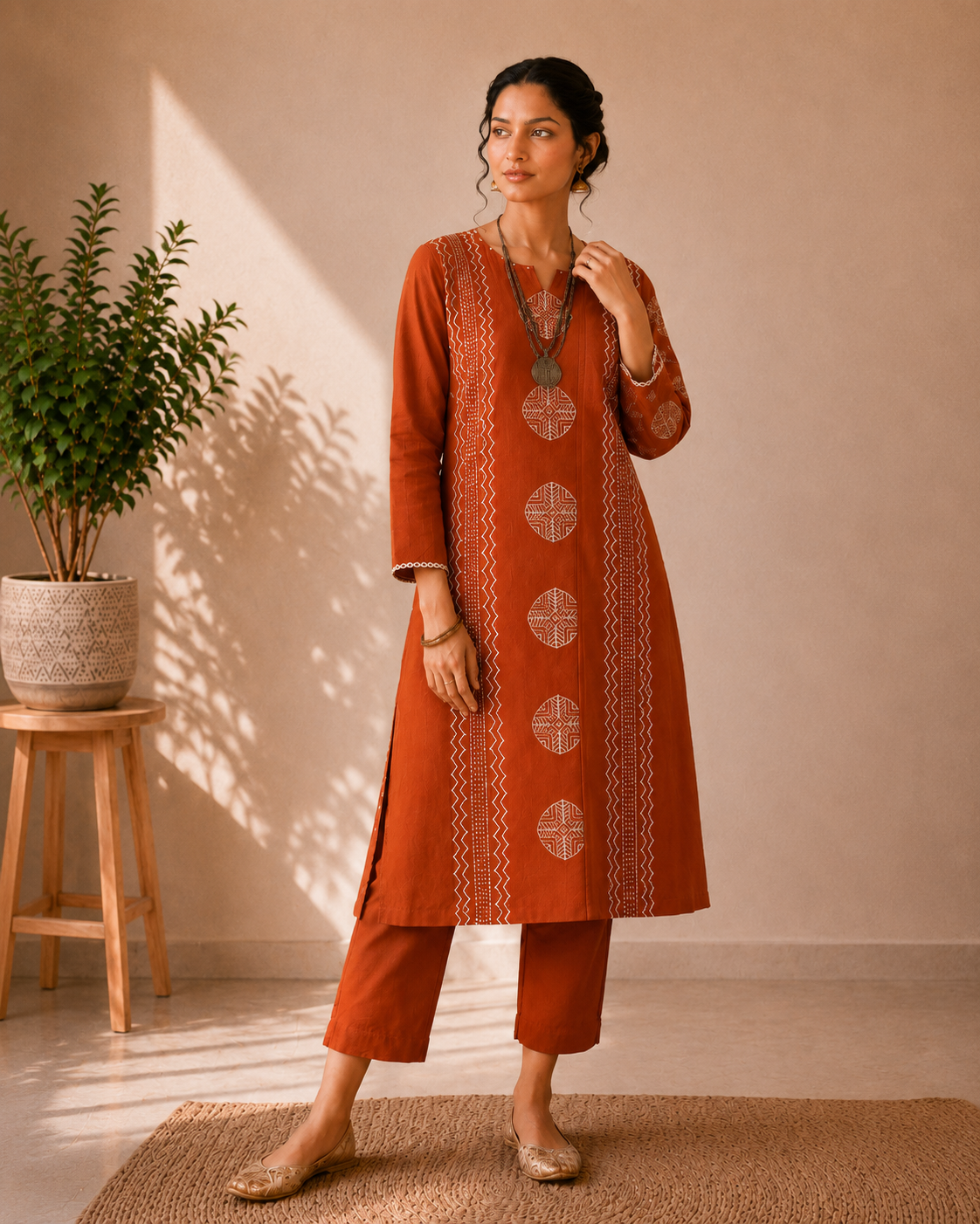 Rust Terracotta Harmony Handblock Cotton 3-Piece Kurti Set