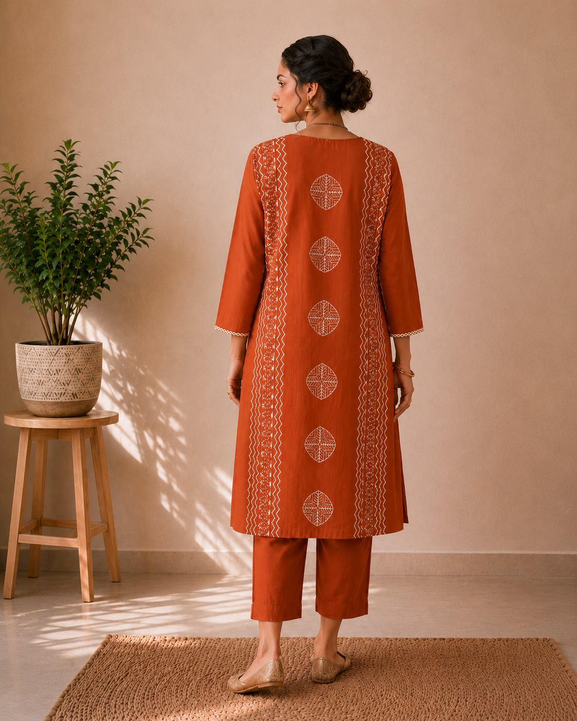 Rust Terracotta Harmony Handblock Cotton 3-Piece Kurti Set