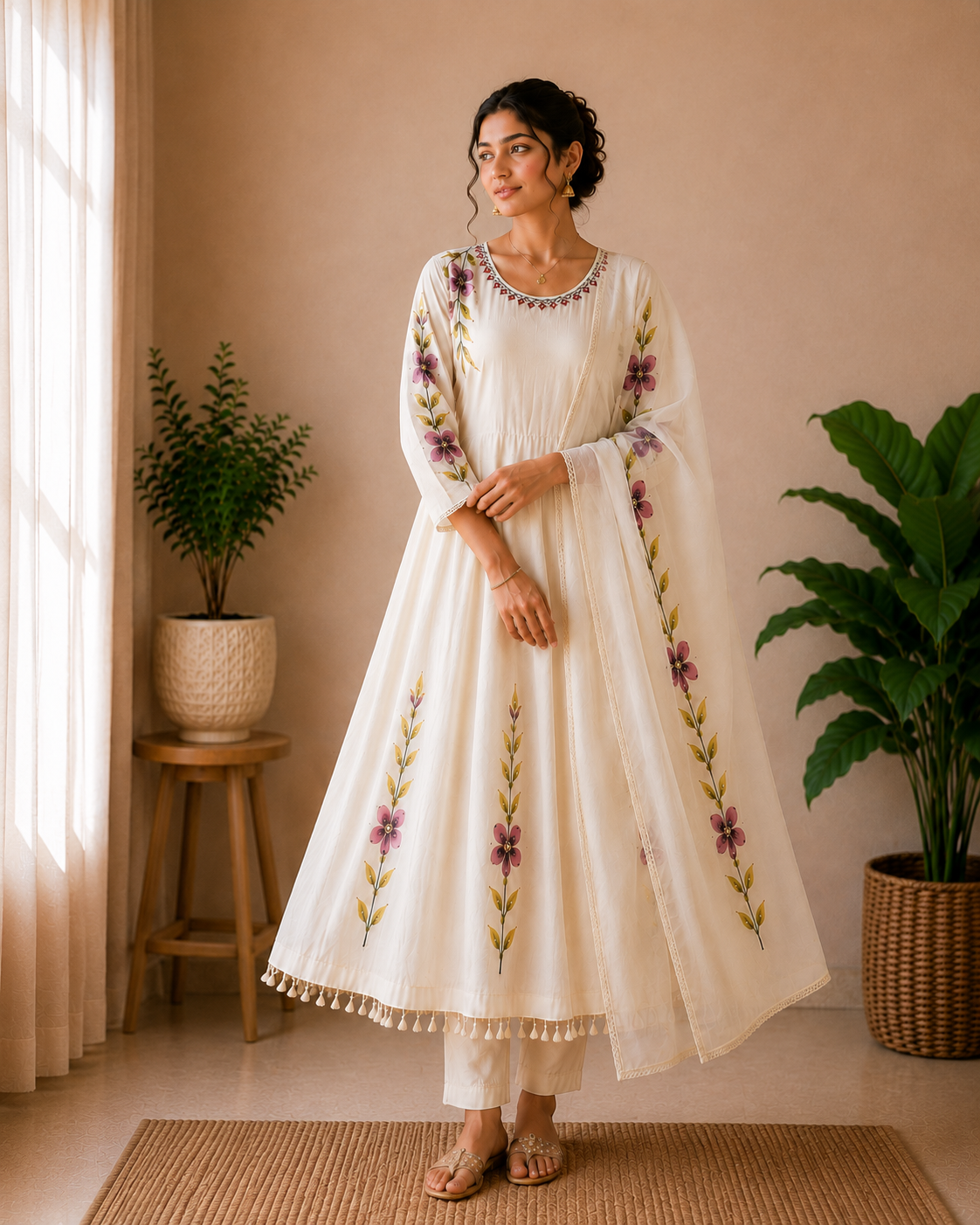 Designer Pure Cotton Anarkali Kurti Set with Handbrush Paint & Soft Cotton Lining
