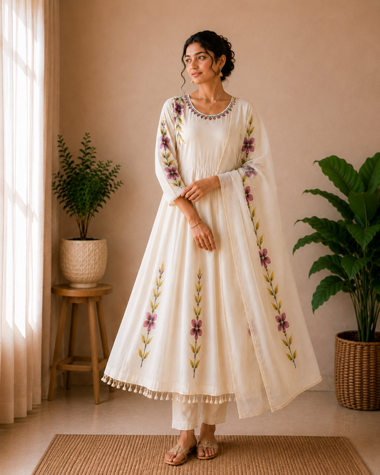Designer Pure Cotton Anarkali Kurti Set with Handbrush Paint & Soft Cotton Lining