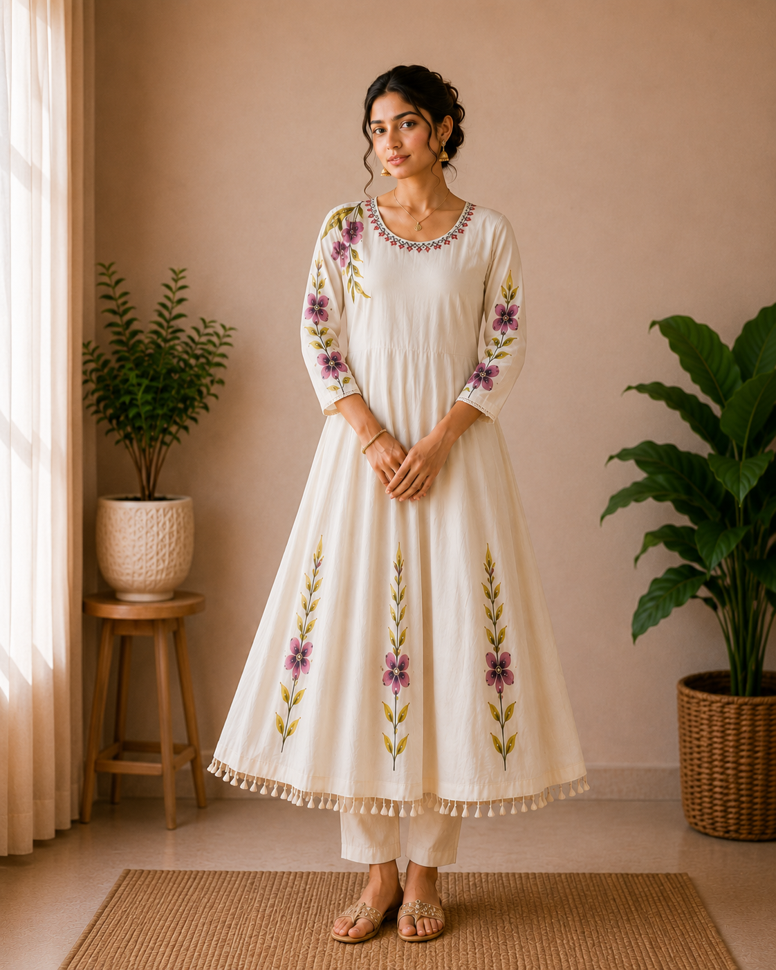 Designer Pure Cotton Anarkali Kurti Set with Handbrush Paint & Soft Cotton Lining