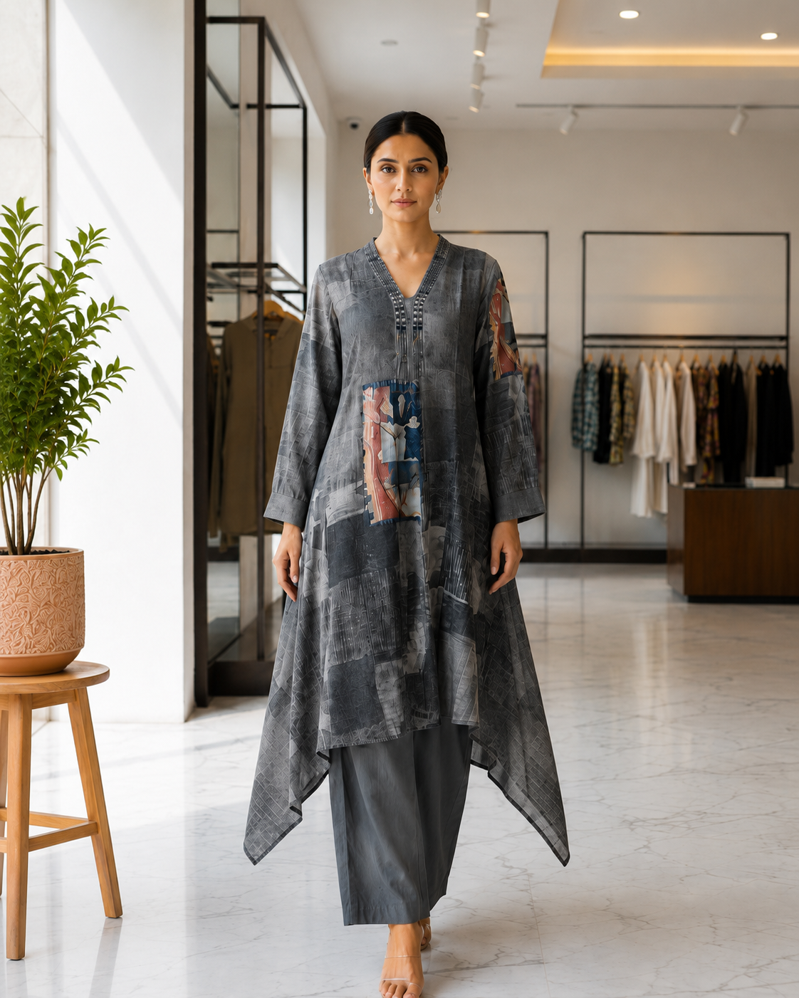 Designer Pure Silk Muslin Asymmetric Co-ord Set with Handcrafted Embellished Yoke