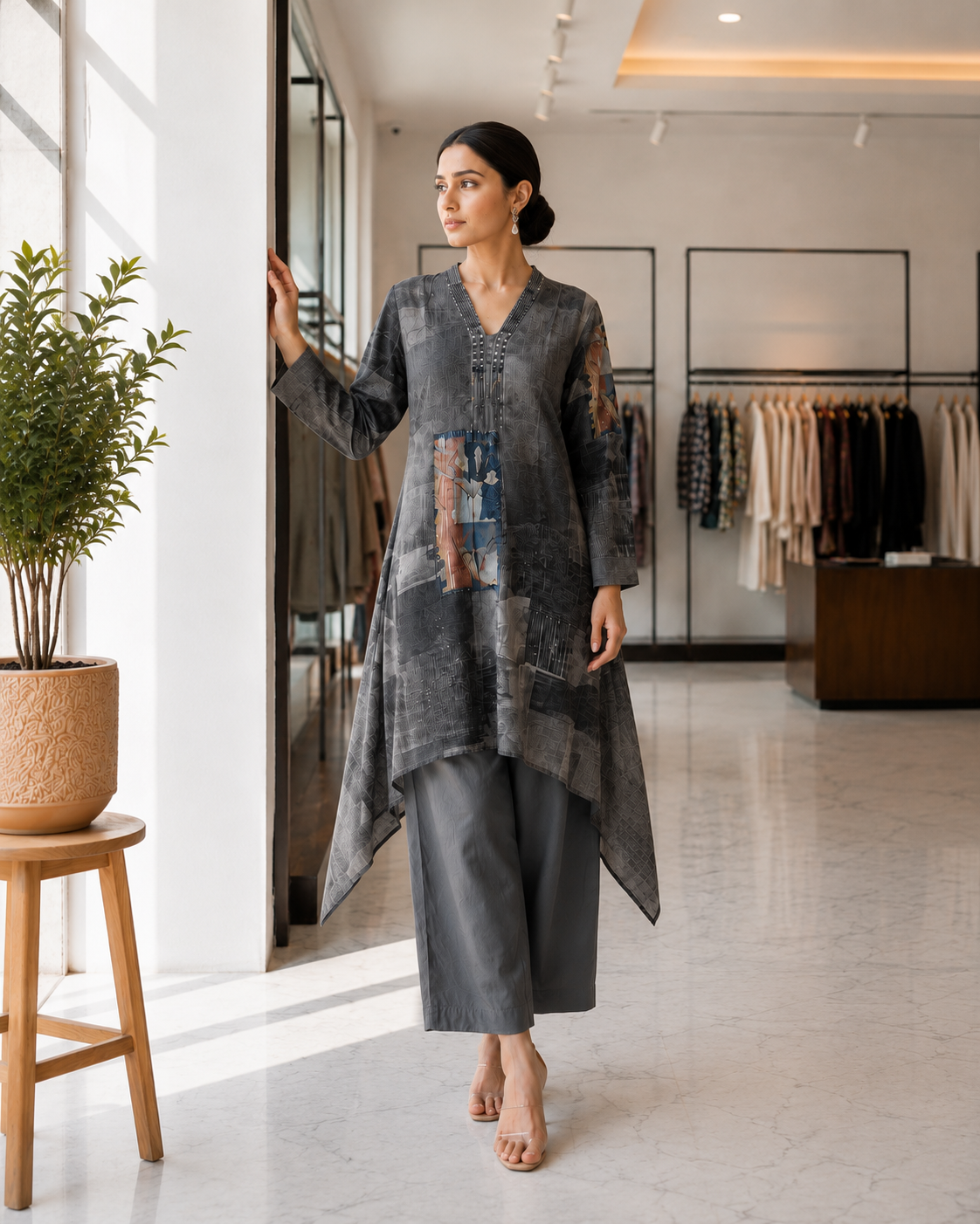 Designer Pure Silk Muslin Asymmetric Co-ord Set with Handcrafted Embellished Yoke