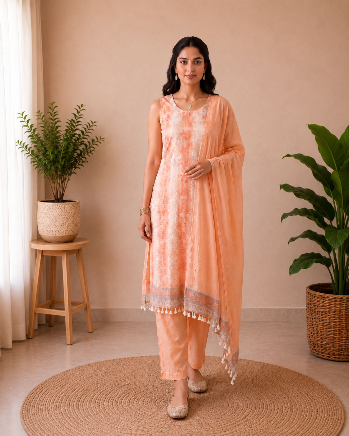 Designer Peach Blossom Pure Cotton Kurti Set | Sleeves Attached