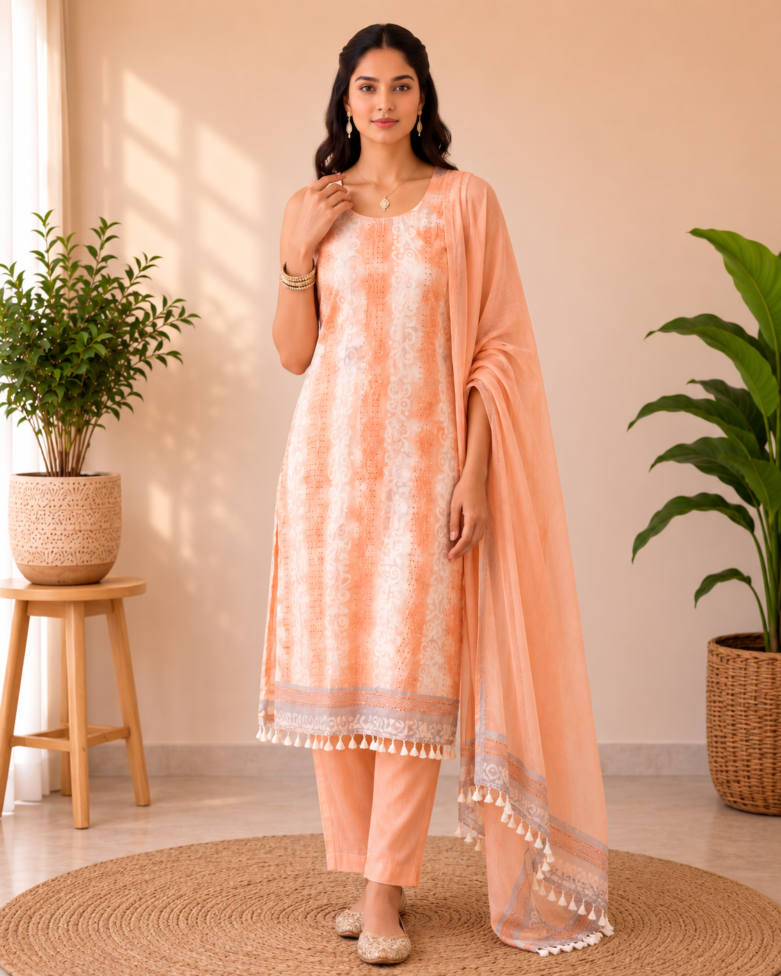 Designer Peach Blossom Pure Cotton Kurti Set | Sleeves Attached
