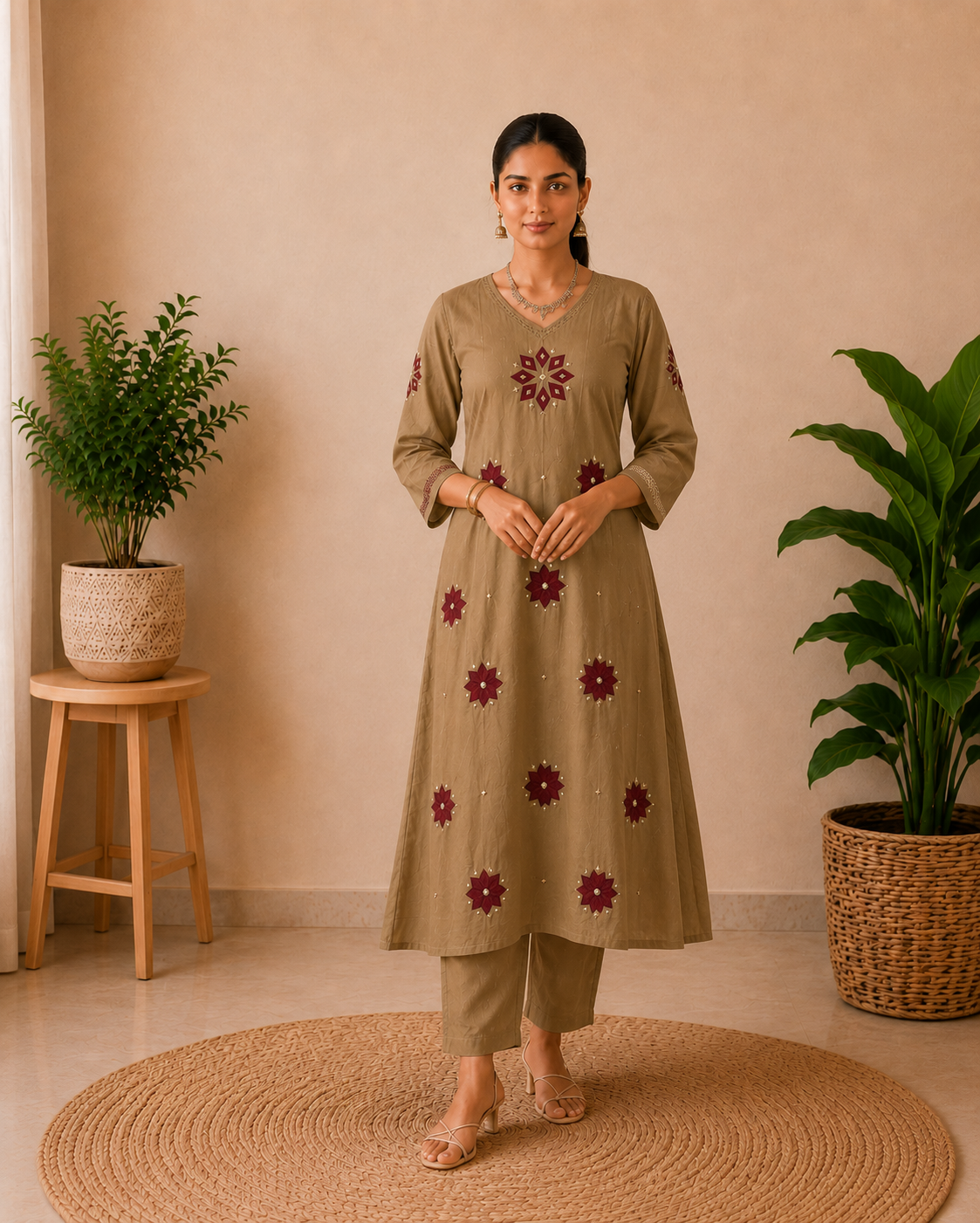 Desert Beige Embroidered Cotton 3-Piece Kurta Set with Printed Dupatta