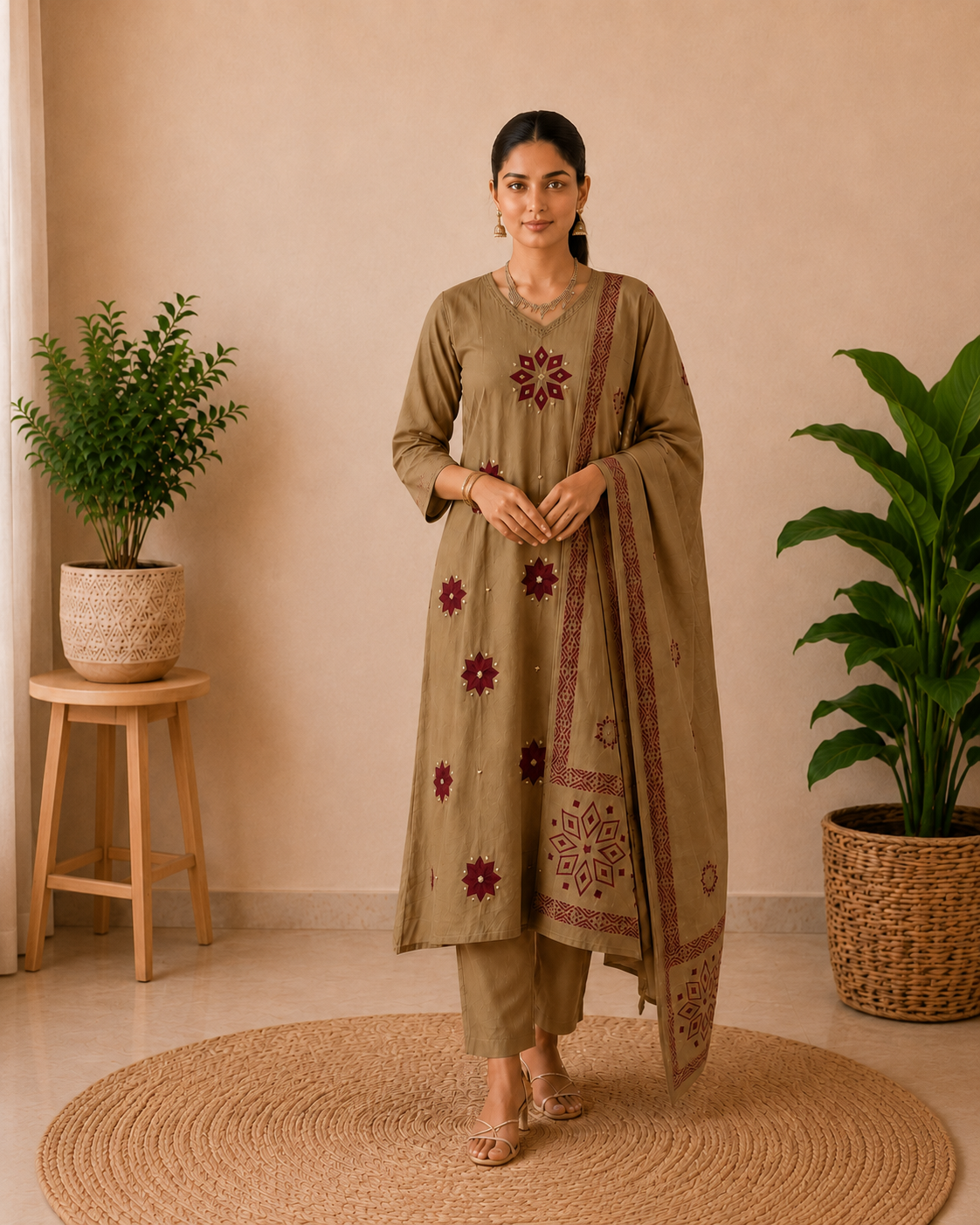Desert Beige Embroidered Cotton 3-Piece Kurta Set with Printed Dupatta