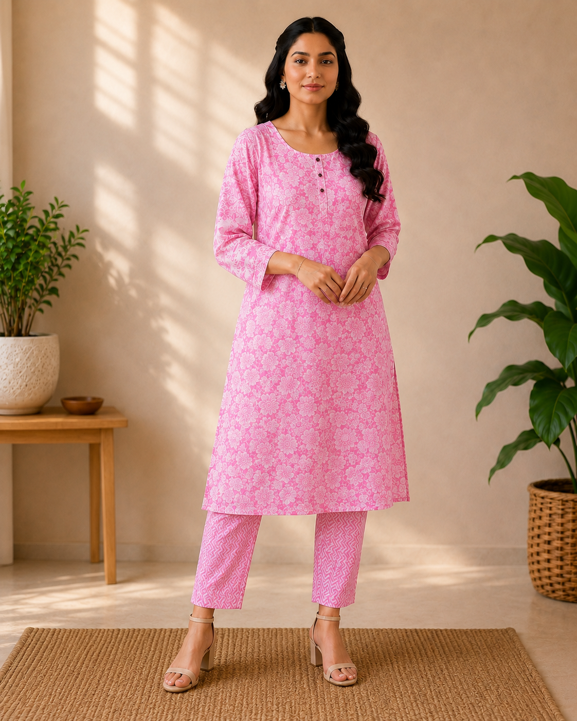 Baby Pink Floral Cotton 3-Piece Kurti Set