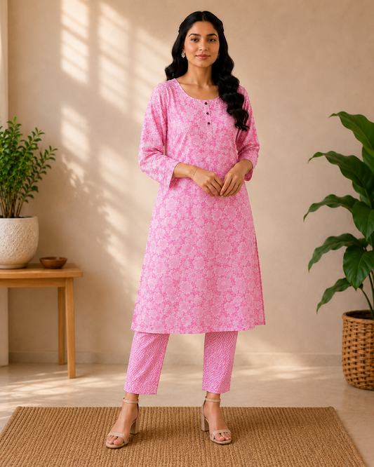 Baby Pink Floral Cotton 3-Piece Kurti Set