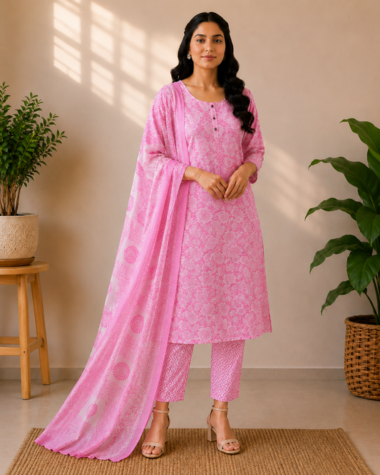 Baby Pink Floral Cotton 3-Piece Kurti Set