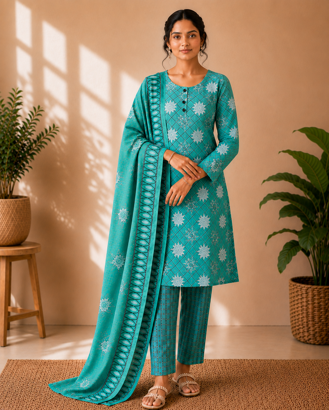 Sea Green Cotton Printed 3-Piece Kurti Set