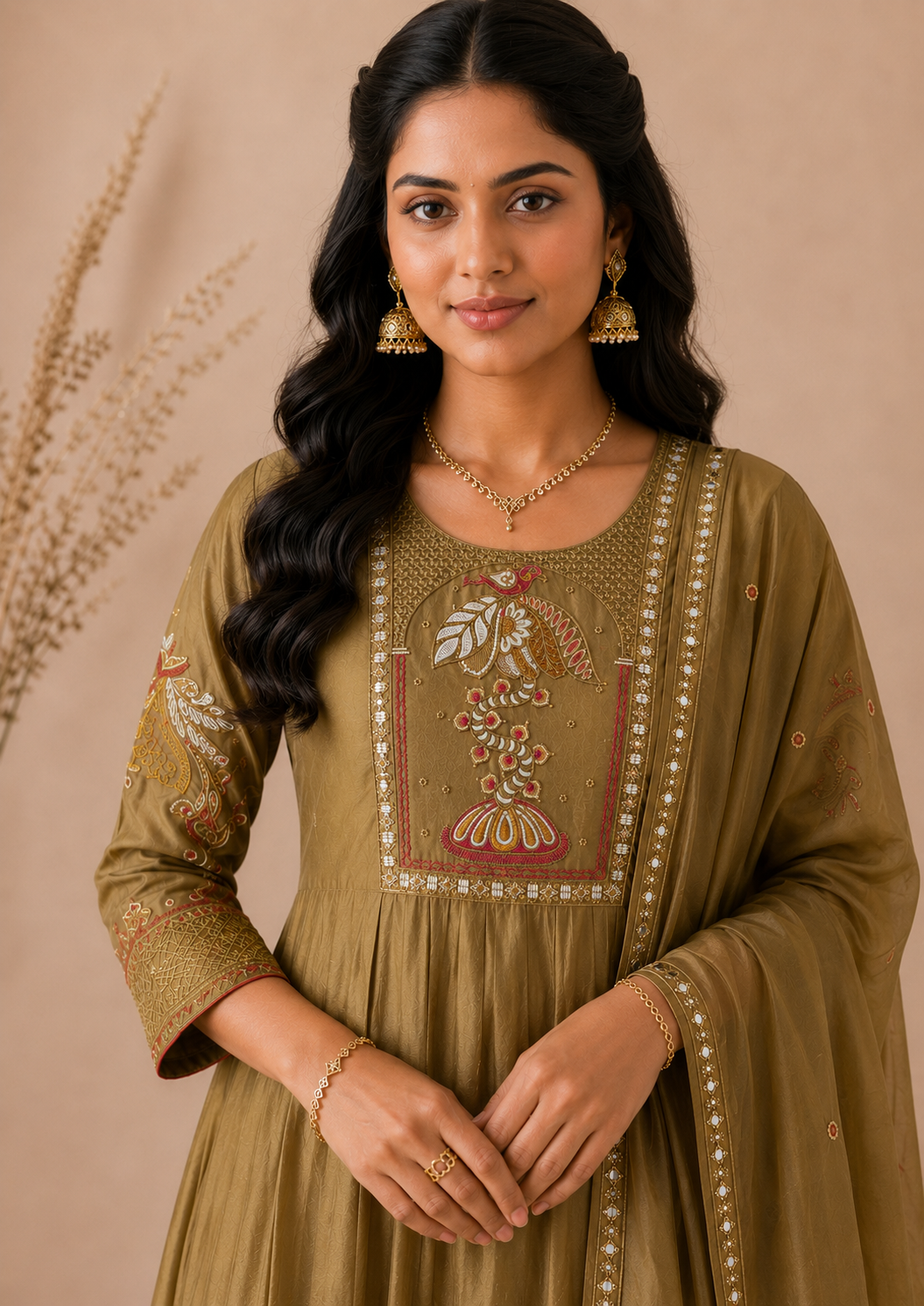 Antique Olive Heritage Mul Chanderi 3-Piece Set