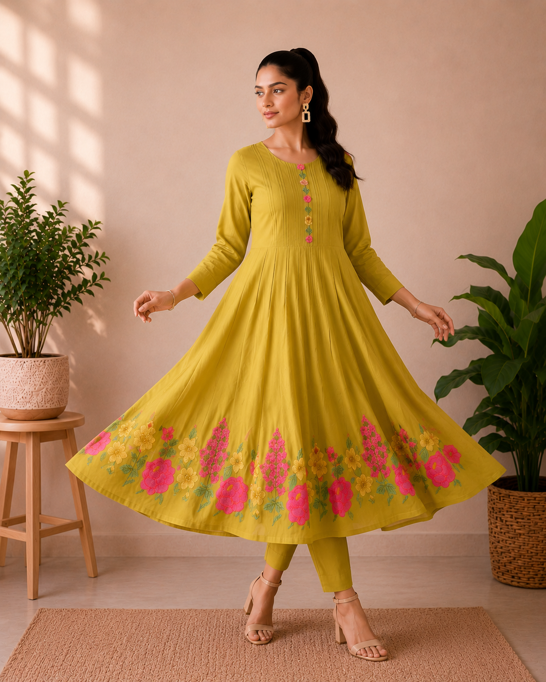 Mustard Bloom Embroidered Mul Chanderi 3-Piece Kurti Set