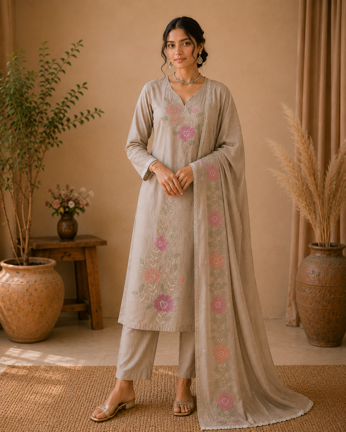 Premium Mul Chanderi Embroidered Designer Kurti Set with Dupatta