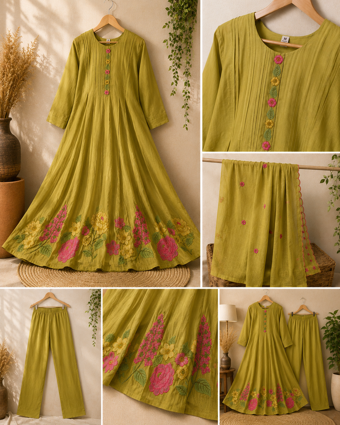 Mustard Bloom Embroidered Mul Chanderi 3-Piece Kurti Set