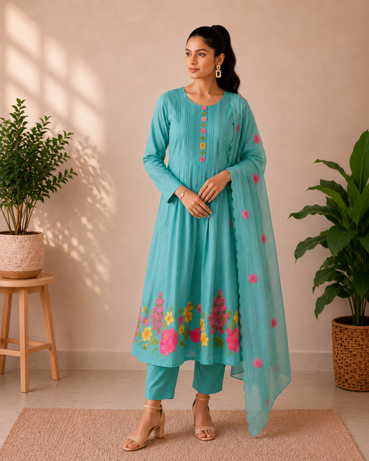 Aqua Blossom Embroidered Mul Chanderi 3-Piece Set