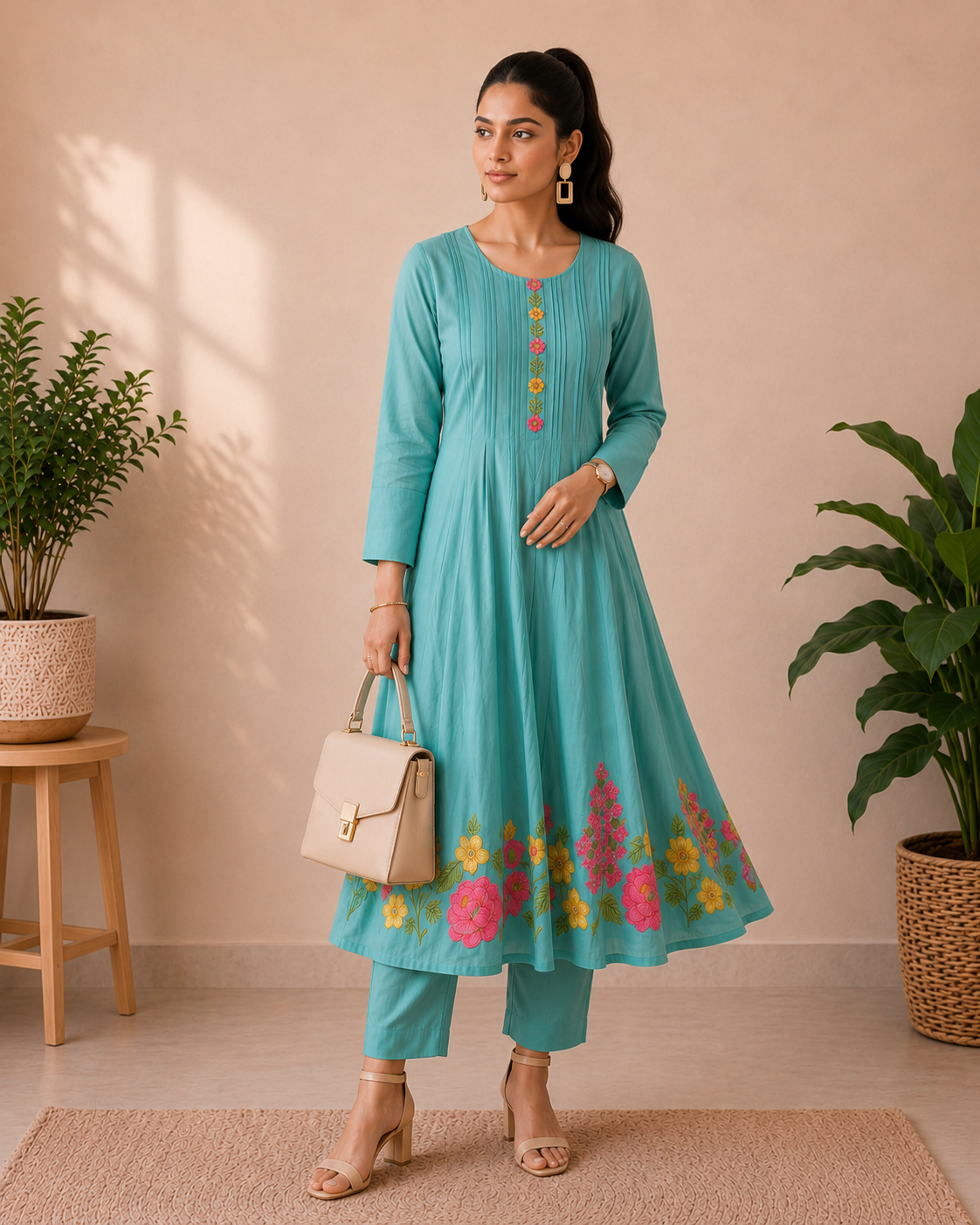 Aqua Blossom Embroidered Mul Chanderi 3-Piece Set