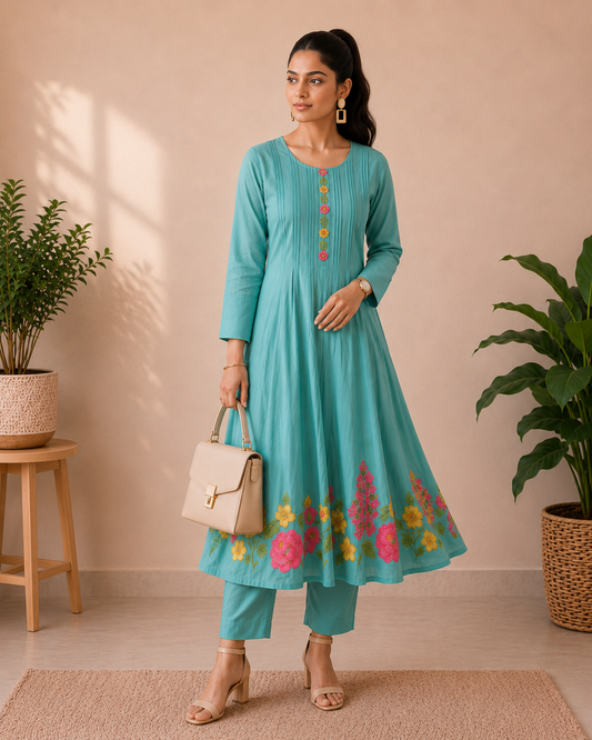Aqua Blossom Embroidered Mul Chanderi 3-Piece Set