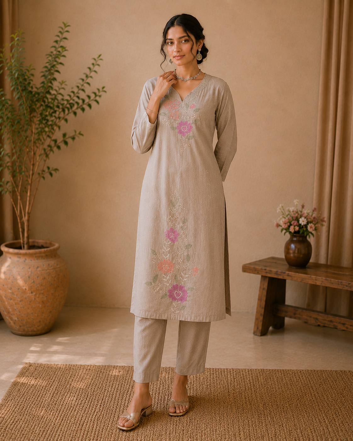 Premium Mul Chanderi Embroidered Designer Kurti Set with Dupatta