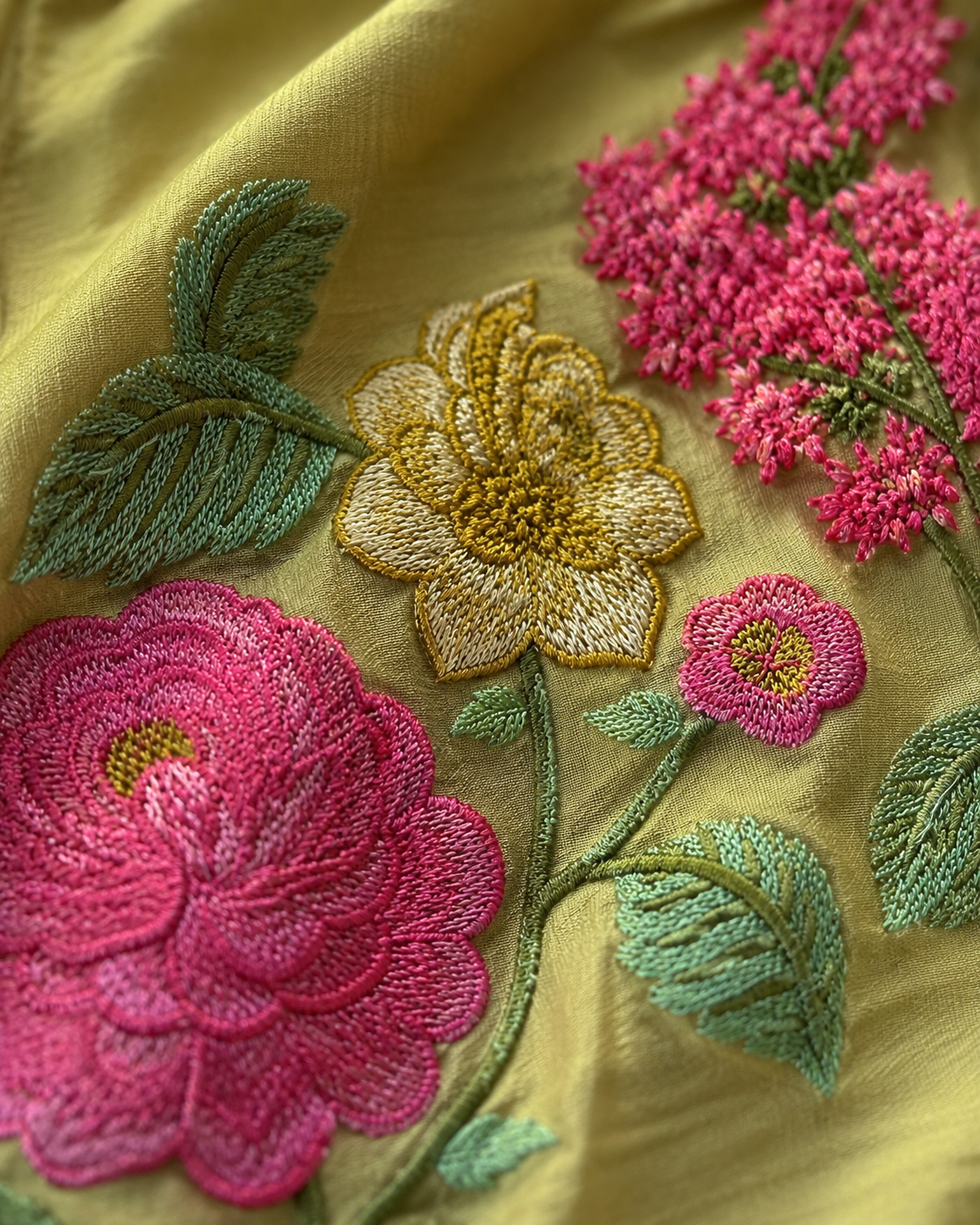 Mustard Bloom Embroidered Mul Chanderi 3-Piece Kurti Set
