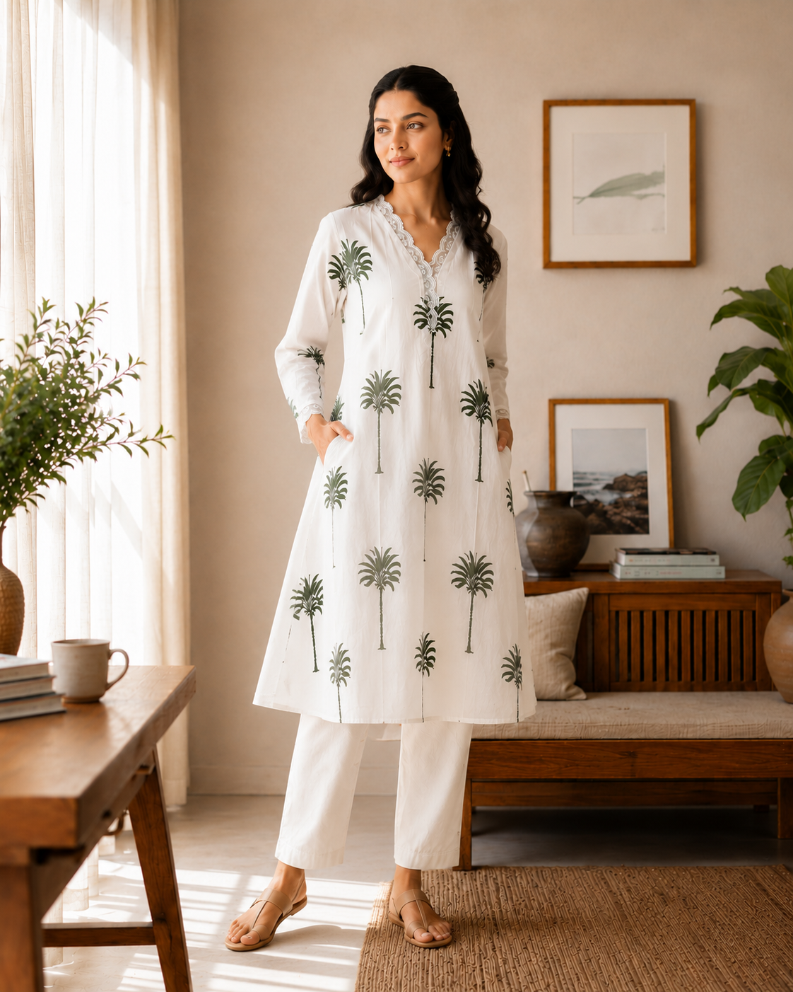 Palm Grove Pure Mul Cotton 2-Piece Kurti Set with Lining & Dual Side Pockets