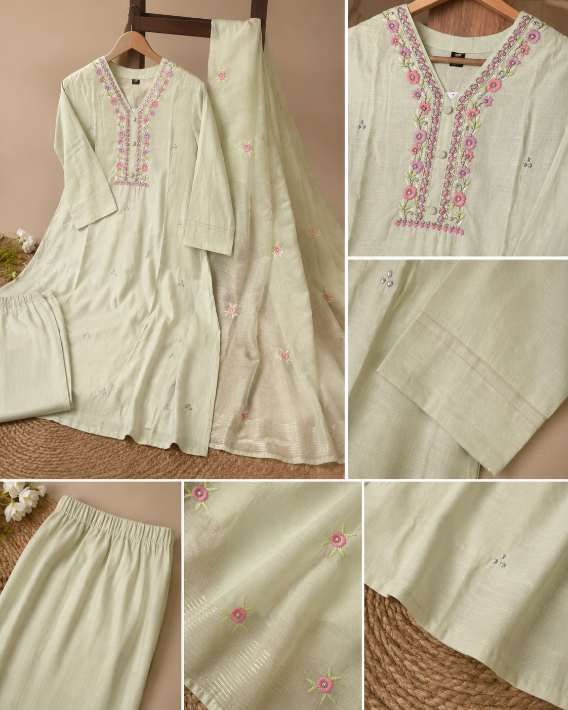 Designer Silk Mul Cotton 3-Piece Suit Set with Handcrafted Floral Yoke & Pant Pocket