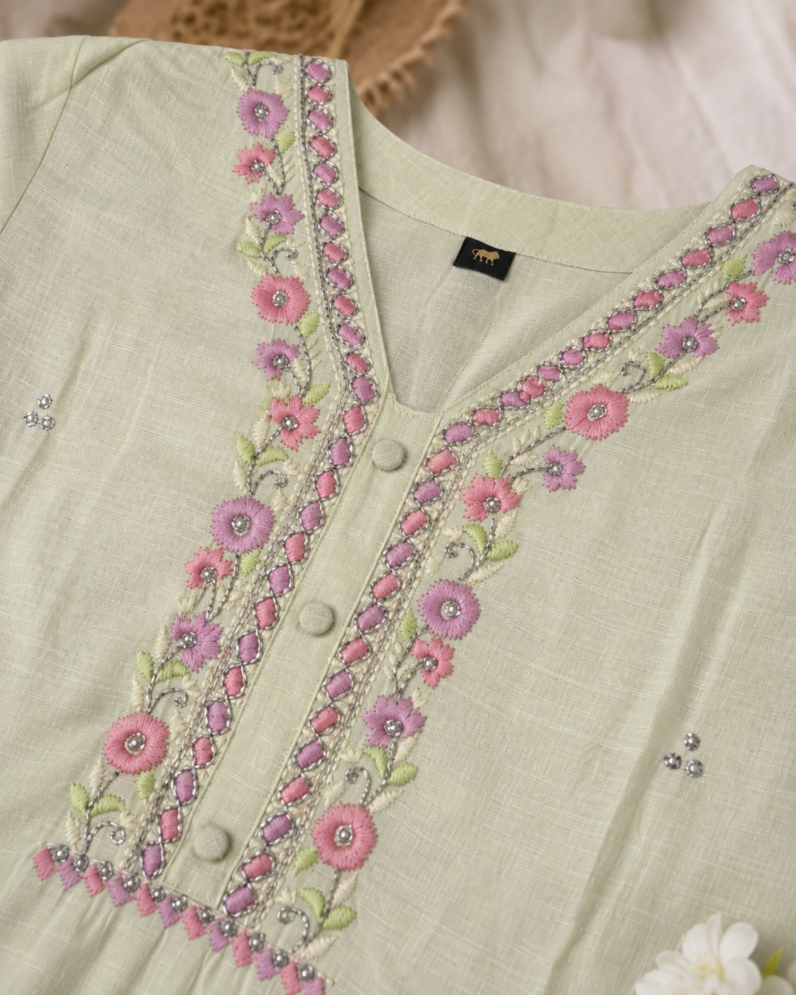 Designer Silk Mul Cotton 3-Piece Suit Set with Handcrafted Floral Yoke & Pant Pocket